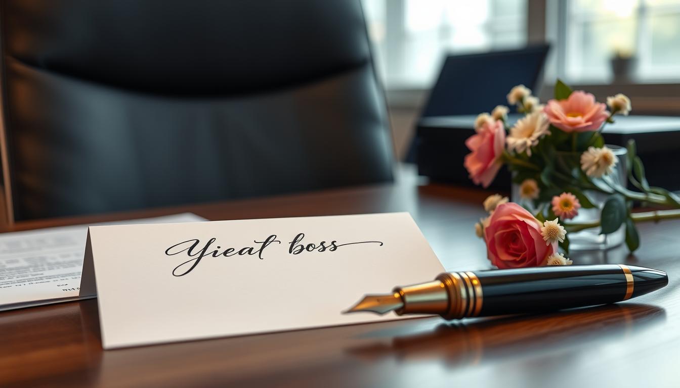 Elegancka kartka z życzeniami dla szefa leżąca na biurku obok kwiatów i długopisu
