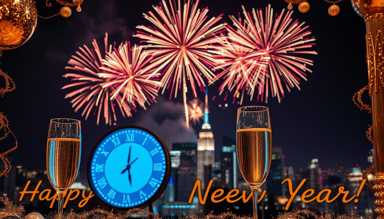 Fajerwerki i zegar pokazujący północ - symbolika Nowego Roku z życzeniami noworoczne po angielsku