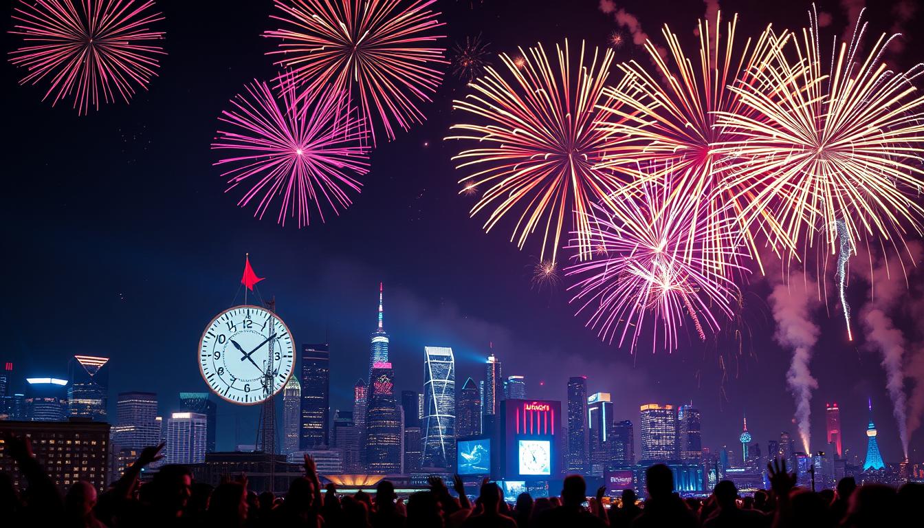 Fajerwerki nad miastem w noc sylwestrową z zegarem pokazującym północ - wierszyki na nowy rok