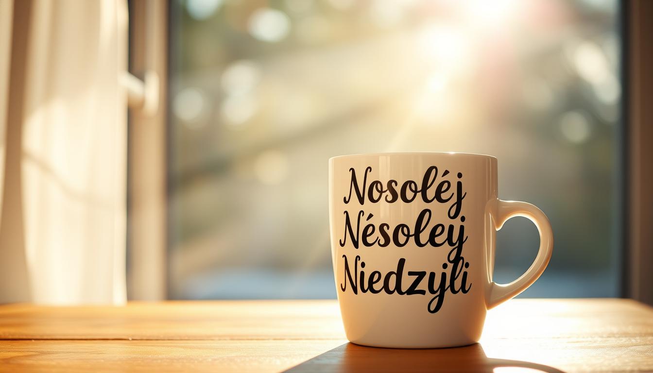 Filiżanka kawy z napisem 'Wesołej Niedzieli' na tle porannego słońca