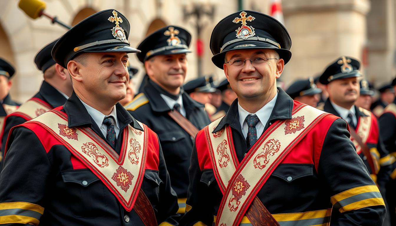 Górnicy w galowych mundurach podczas uroczystości barbórkowych, symbol górniczej tradycji i dumy zawodowej