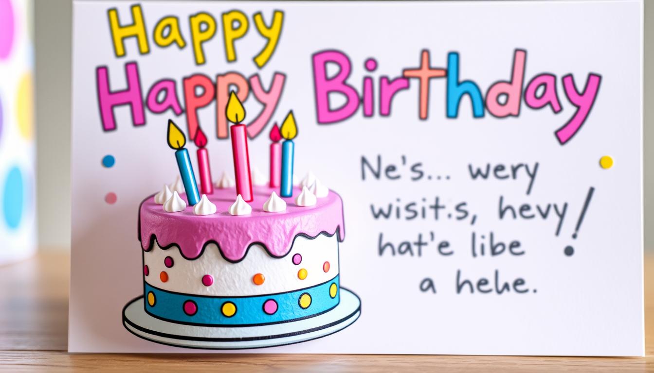 Kartka urodzinowa z zabawnymi życzeniami i kolorowym tortem