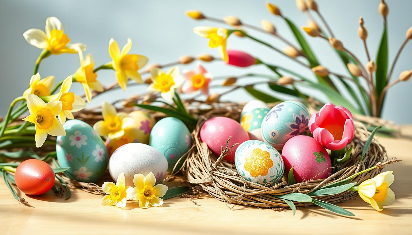 Kolorowe pisanki i wiosenne kwiaty jako symbol Świąt Wielkanocnych
