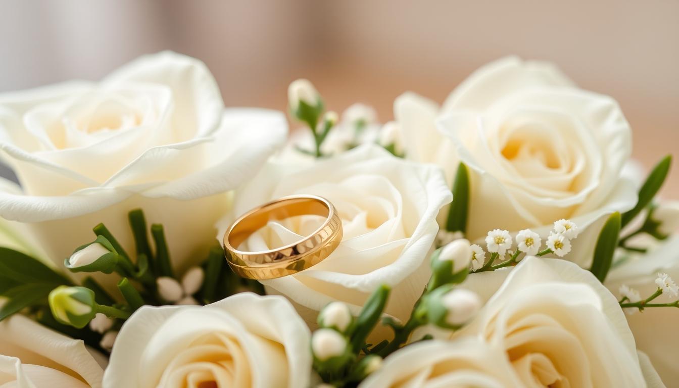 Obrączki ślubne na tle kwiatów symbolizujące mądre życzenia ślubne