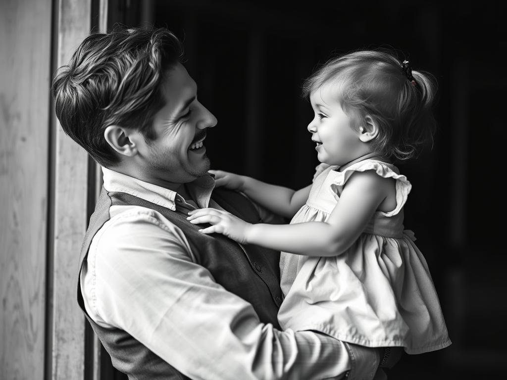 Ojciec trzymający małą córkę na rękach w stylu vintage, czarno-białe zdjęcie pokazujące piękną więź między rodzicem a dzieckiem