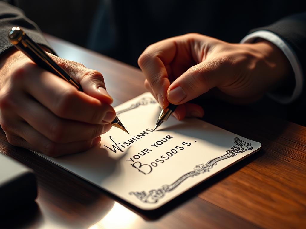 Osoba pisząca odręczne, spersonalizowane życzenia dla szefa na eleganckiej kartce Osoba pisząca odręczne, spersonalizowane życzenia dla szefa na eleganckiej kartce