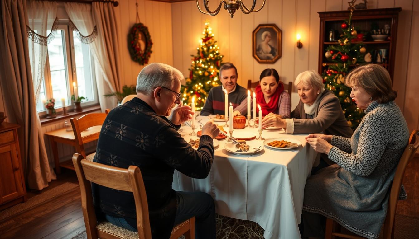 Rodzina przy stole wigilijnym dzieląca się opłatkiem i składająca życzenia wigilia