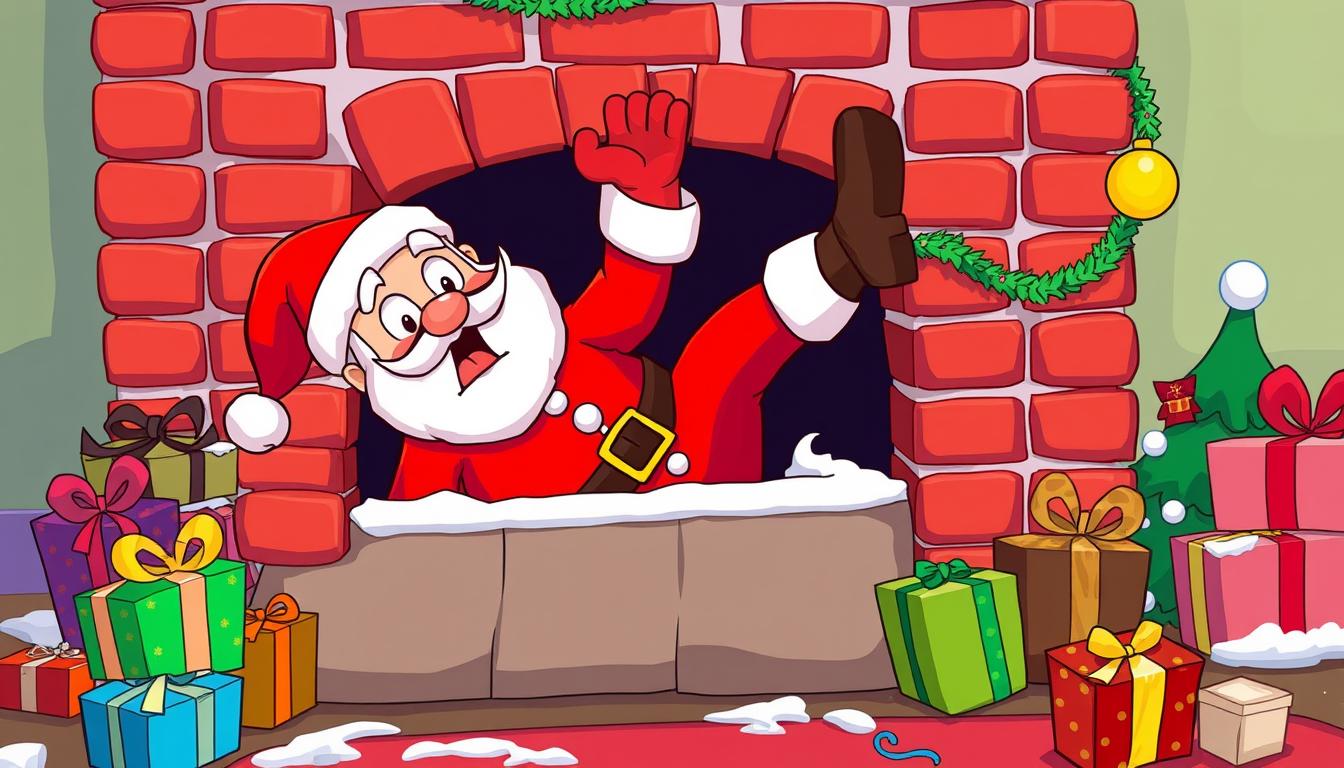 Śmieszne życzenia świąteczne z Mikołajem wpadającym do komina