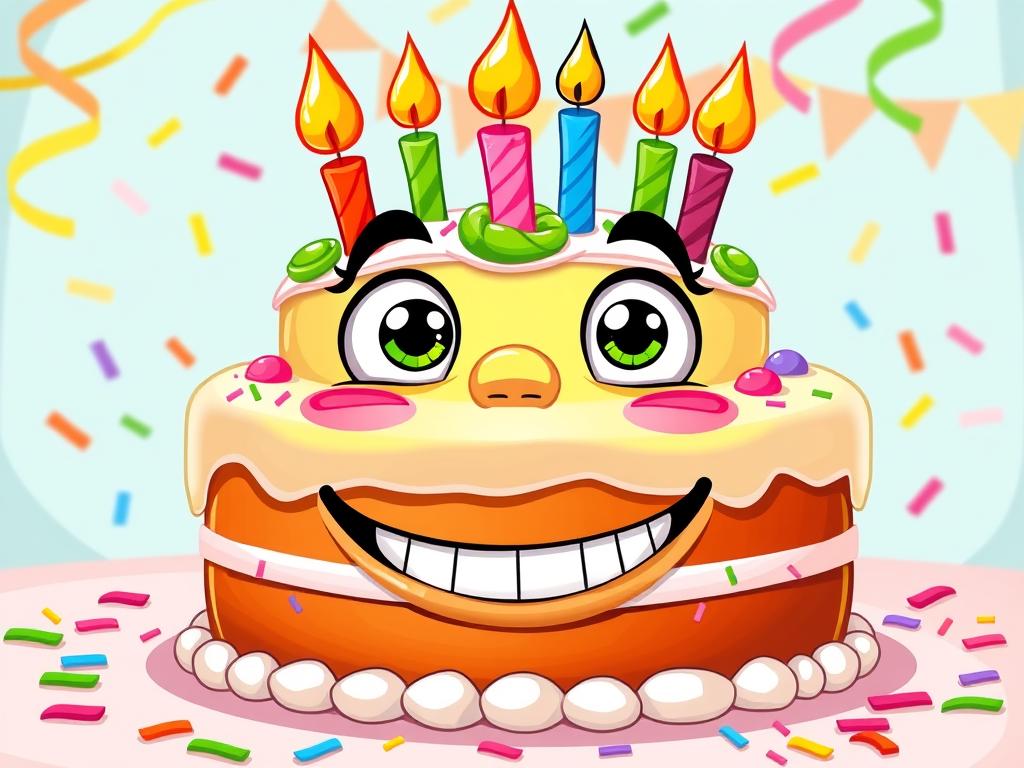 Śmieszne życzenia urodzinowe - tort urodzinowy z zabawną twarzą i świeczkami