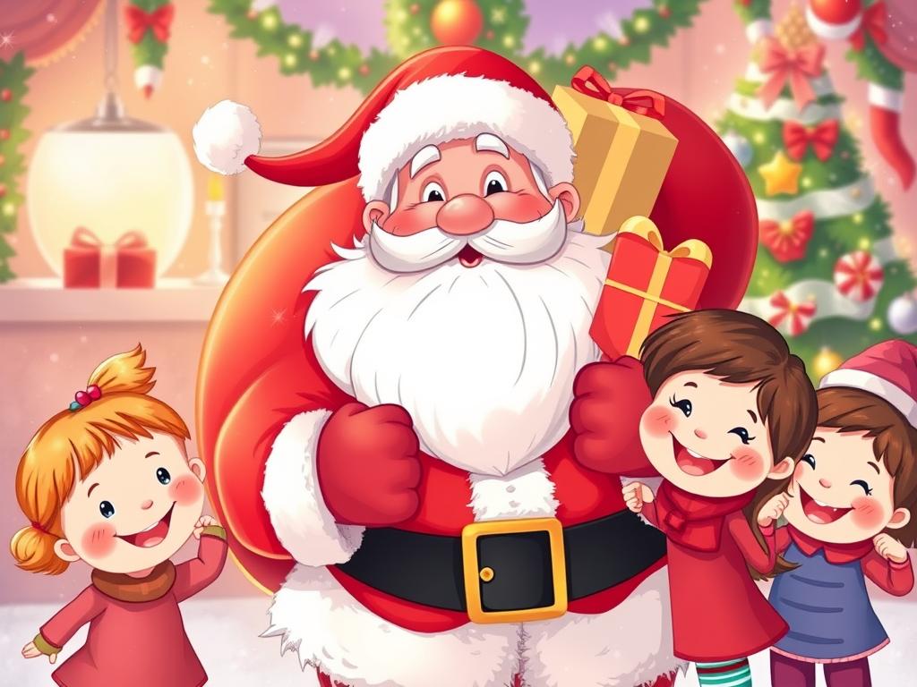 Święty Mikołaj z workiem prezentów otoczony przez uśmiechnięte dzieci podczas Bożego Narodzenia