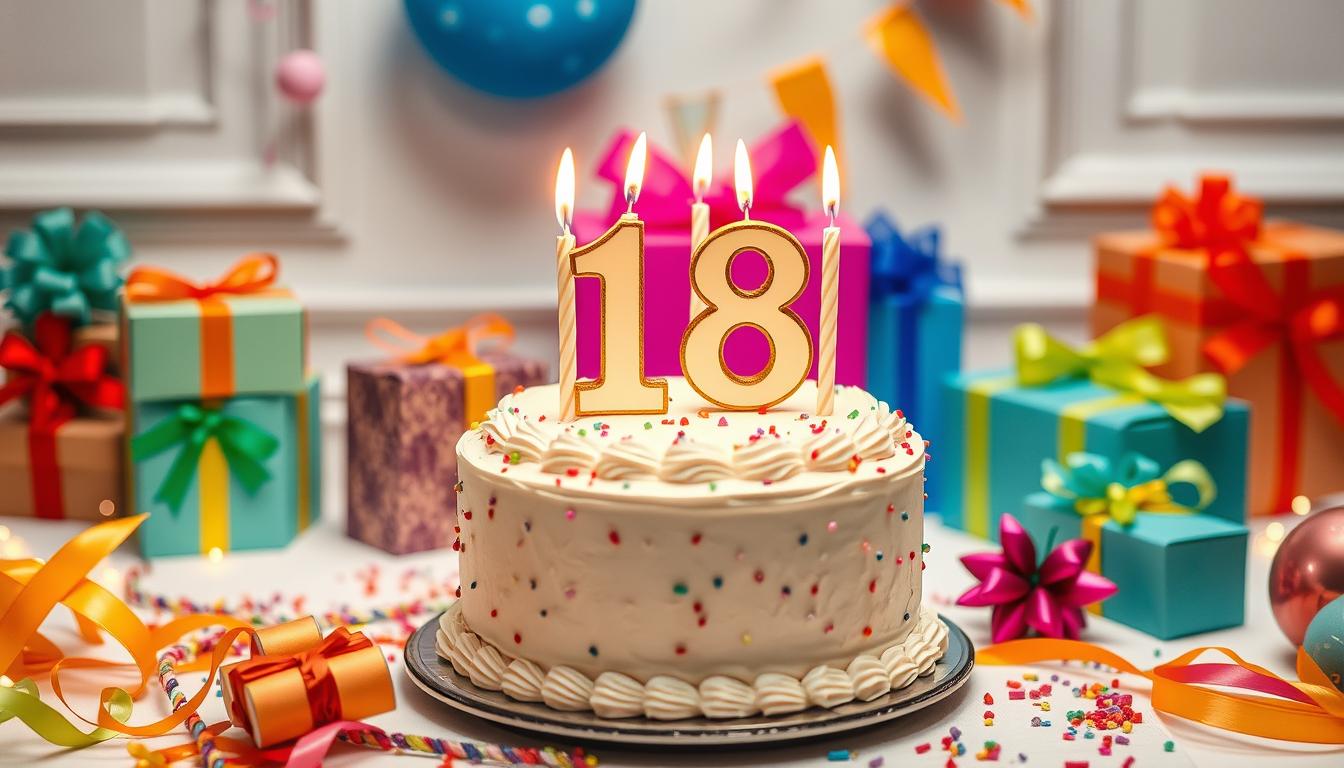 Tort urodzinowy z napisem 18 i płonącymi świeczkami na uroczystym stole