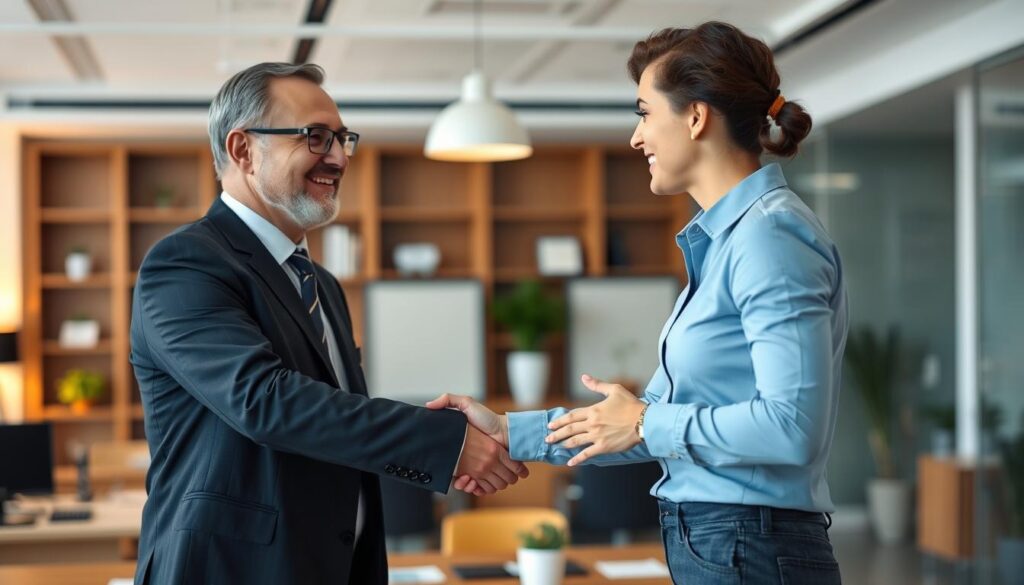 Uścisk dłoni szefa i pracownika w biurowym otoczeniu, symbolizujący profesjonalne relacje Uścisk dłoni szefa i pracownika w biurowym otoczeniu, symbolizujący profesjonalne relacje
