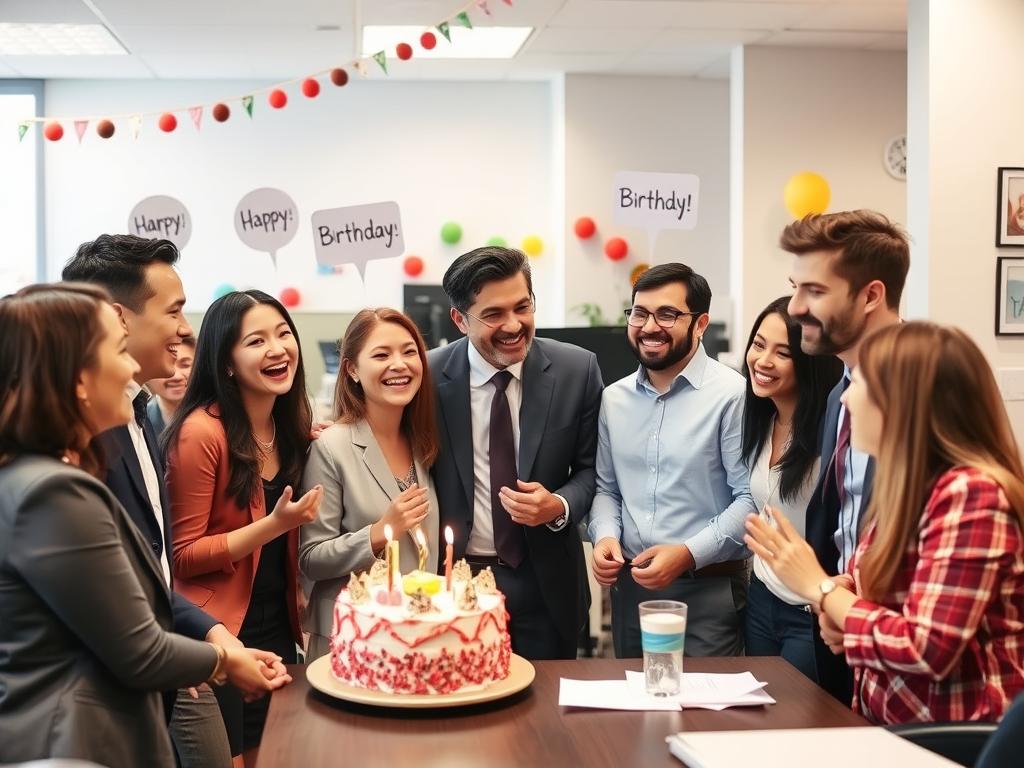 Zespół pracowników składający żartobliwe życzenia szefowi podczas nieformalnego spotkania biurowego Zespół pracowników składający żartobliwe życzenia szefowi podczas nieformalnego spotkania biurowego