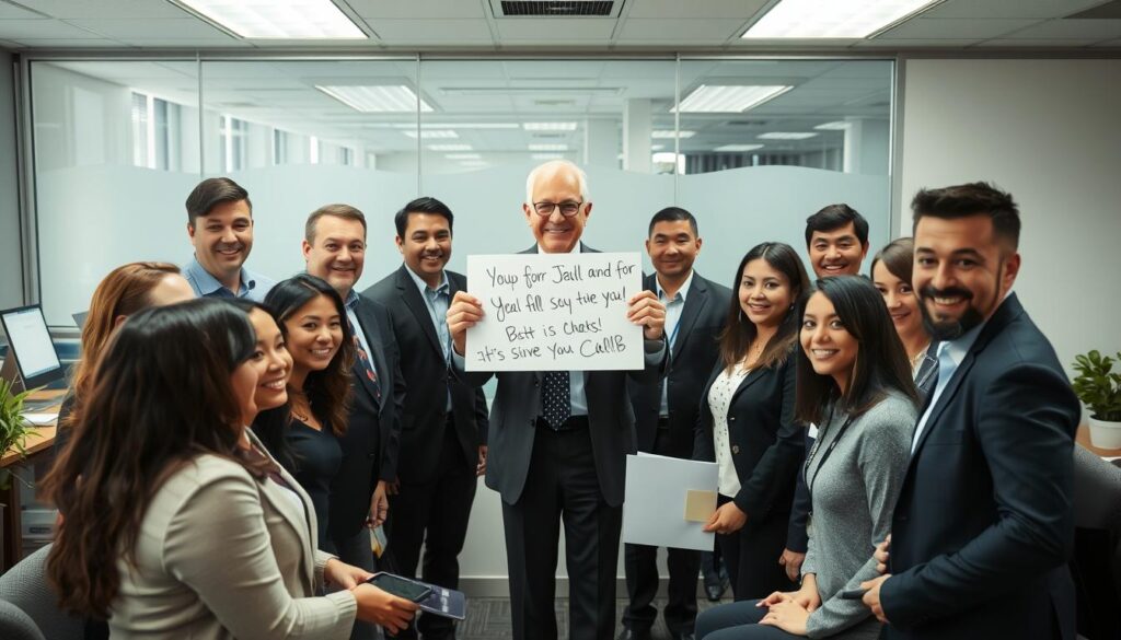 Zespół pracowników wręczający szefowi kartkę z życzeniami podpisaną przez wszystkich członków zespołu Zespół pracowników wręczający szefowi kartkę z życzeniami podpisaną przez wszystkich członków zespołu